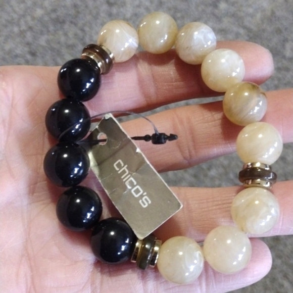 CHICO'S BLACK AND MIXED TAN GLASS BEADED STRETCH BRACELET - NWT - Picture 1 of 9